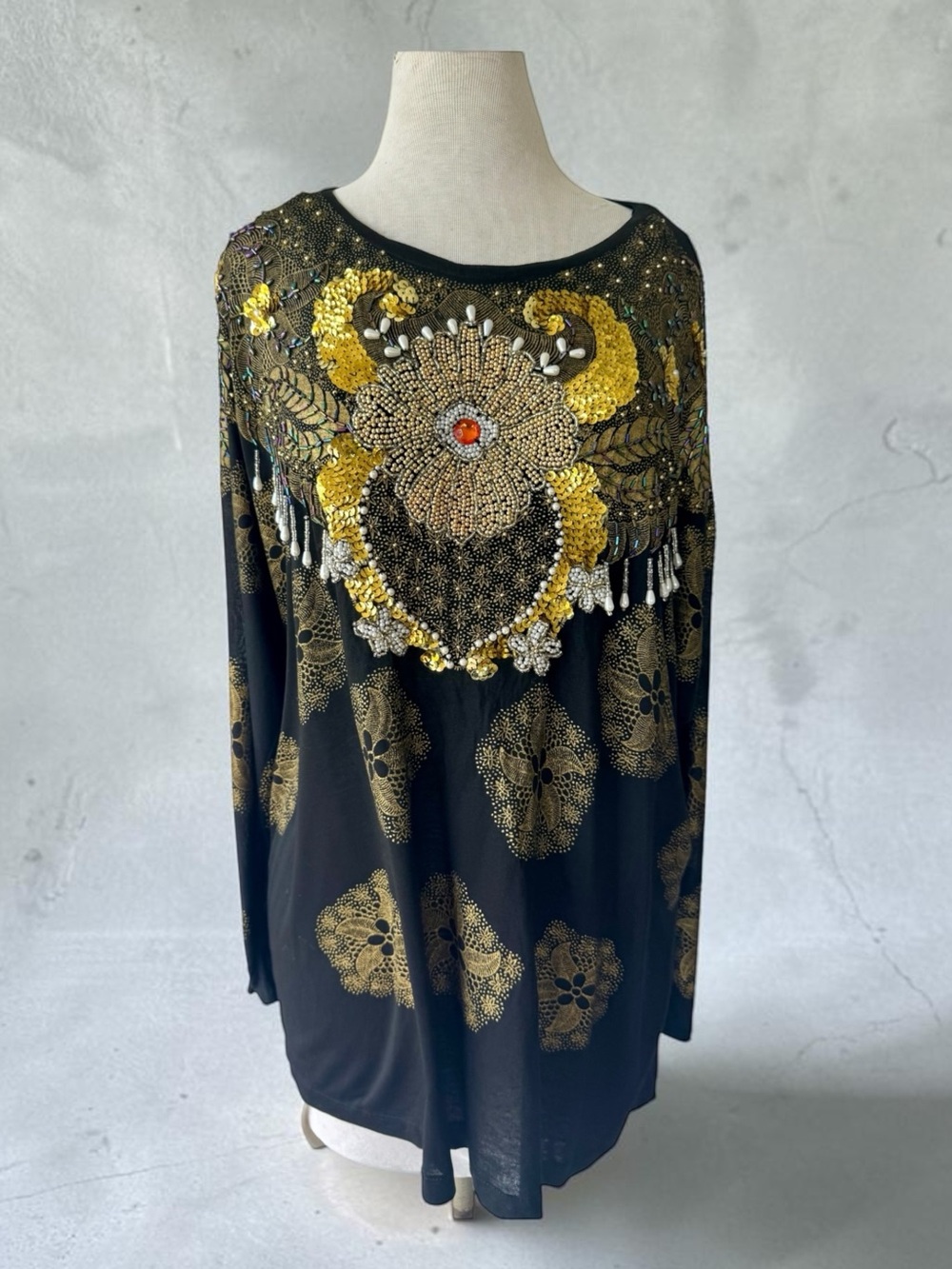 Vtg 90s Bali Chic Black Beaded Sequin Knit Top One Size Metallic Boho